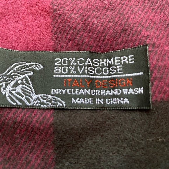 Cashmere Blend Scarf Cranberry Black Plaid Fringe - Picture 3 of 3